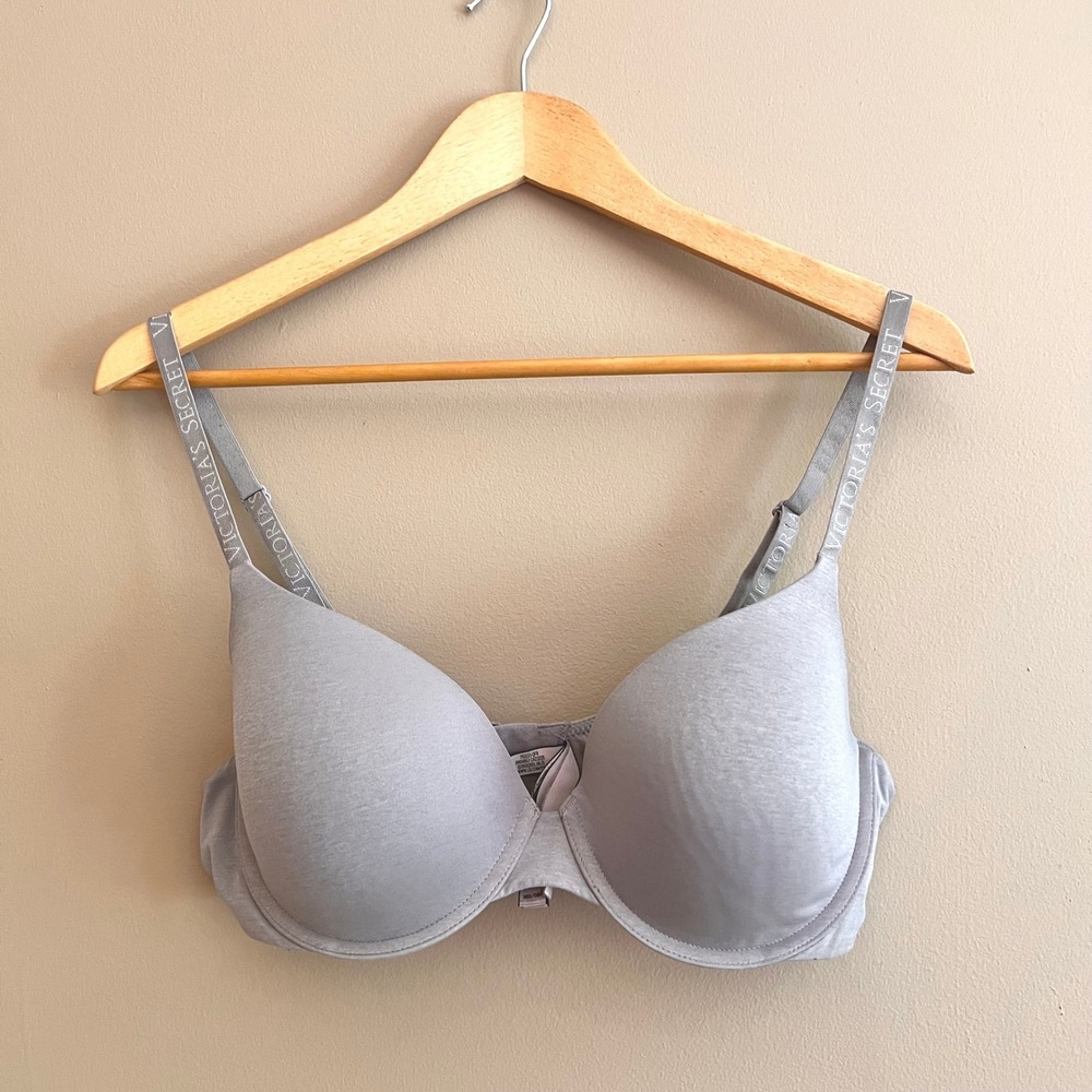 Victorias Secret Grey T-Shirt Lightly Lined Demi Bra Logo Straps 36D 750133-QF8